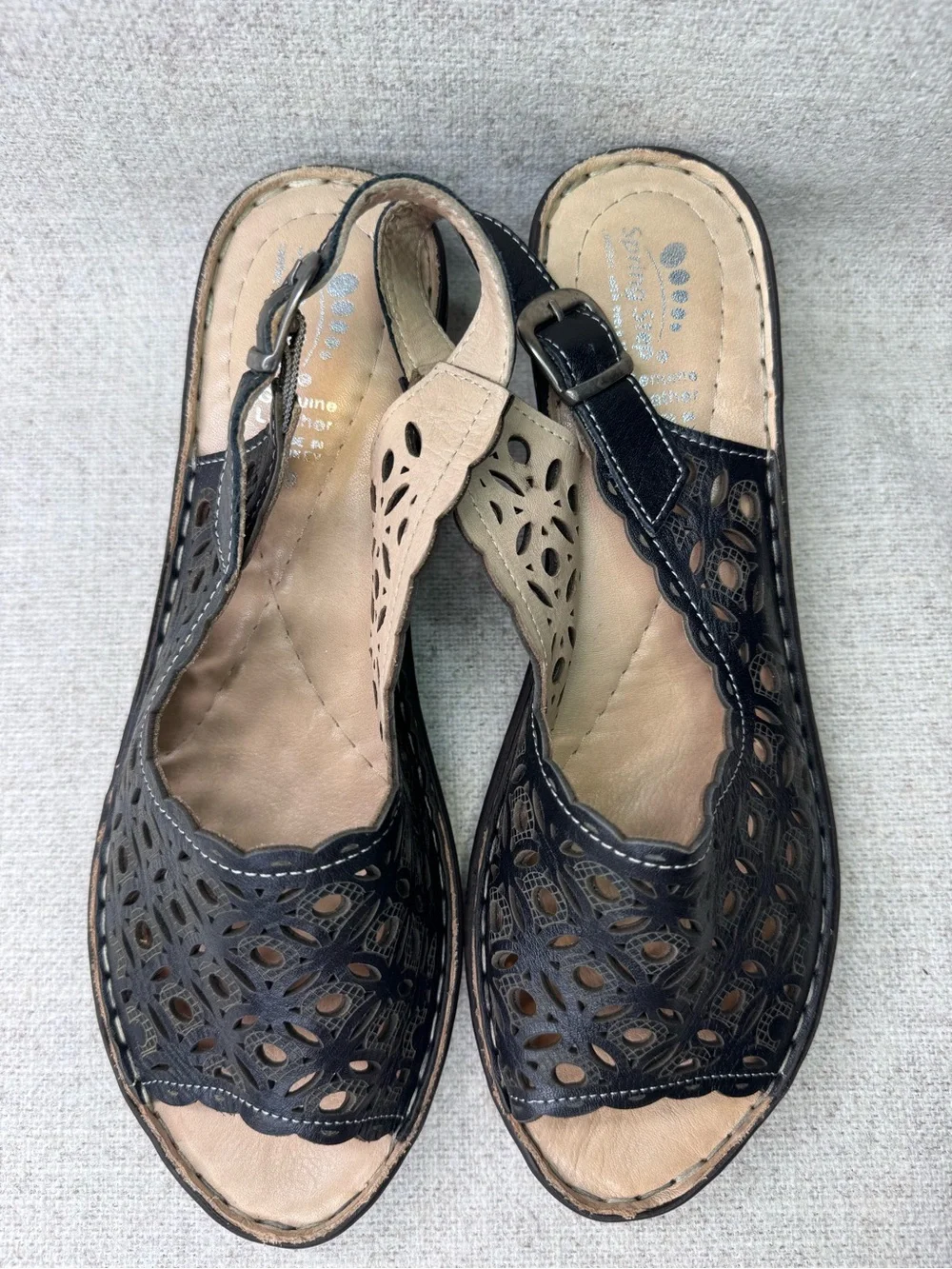 Spring Step Wedge Slingback Sandals black leather size 9/40 peep toe laser cut
